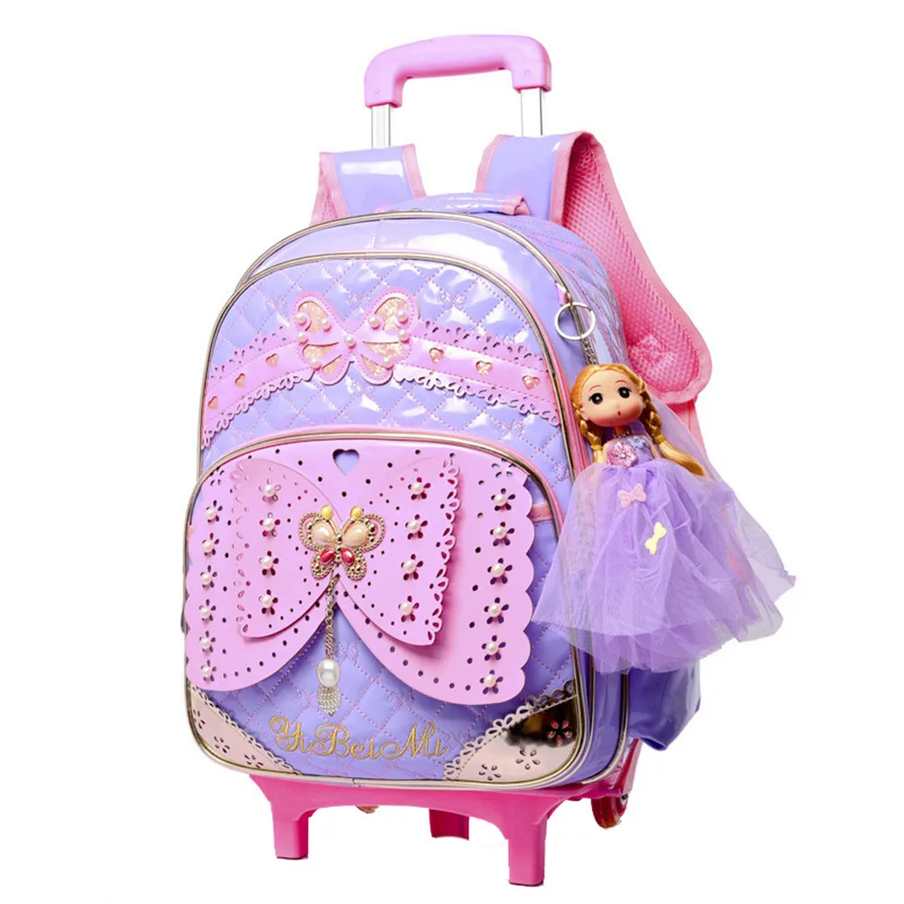 US $39.80 Kids Girls Trolley Schoolbag Luggage Wheeled Book Bags Backpack Latest Removable Children School Bags With 2 Wheels Stairs