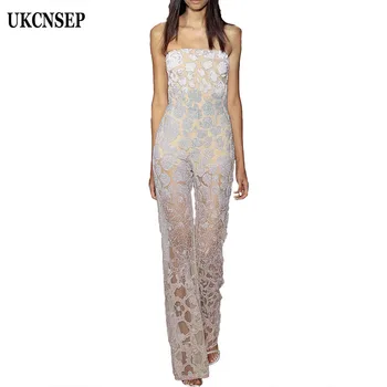 

UKCNSEP 2020 New Strapless Lace Bodysuit Sexy Lace Patchwork Bodycon Women Bandage Jumpsuits Full Length Women Jumpsuit
