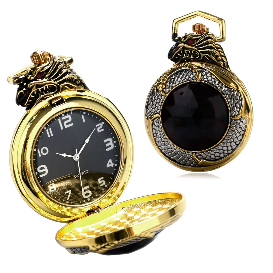 Красный Гранат инсет золотой тон крышка карманные часы Роскошный злой Дракон черный циферблат кварцевых часов винтажный драгоценный камень кулон с подарком