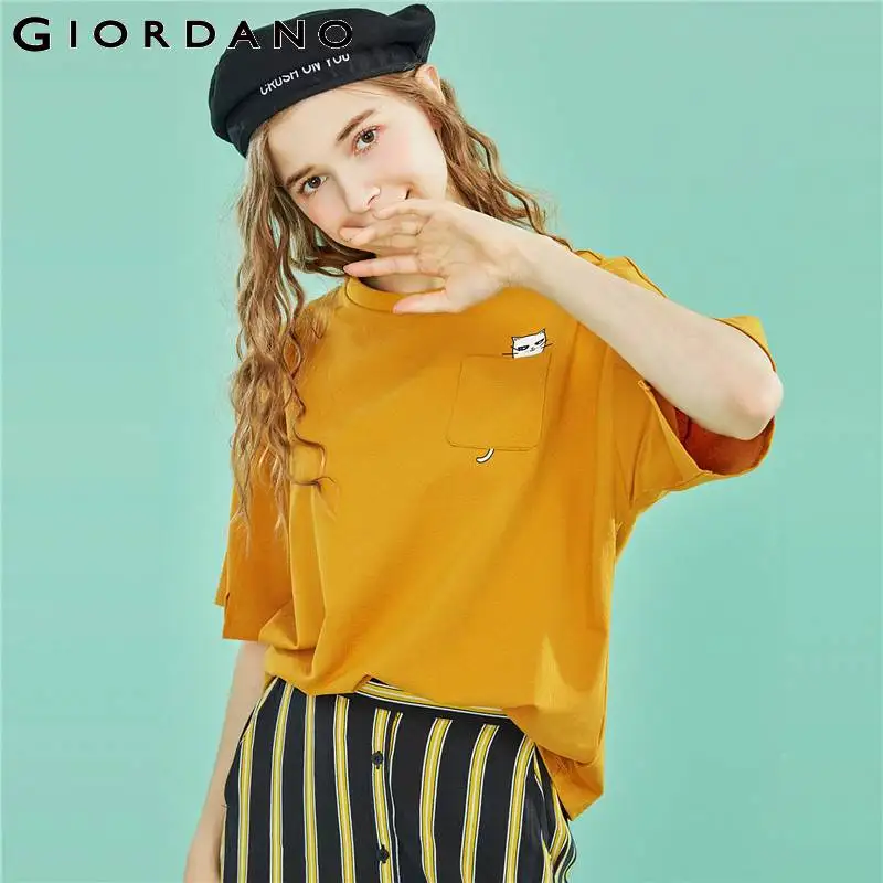 Giordano/женская футболка с принтом свободные ребристые повседневные Летние
