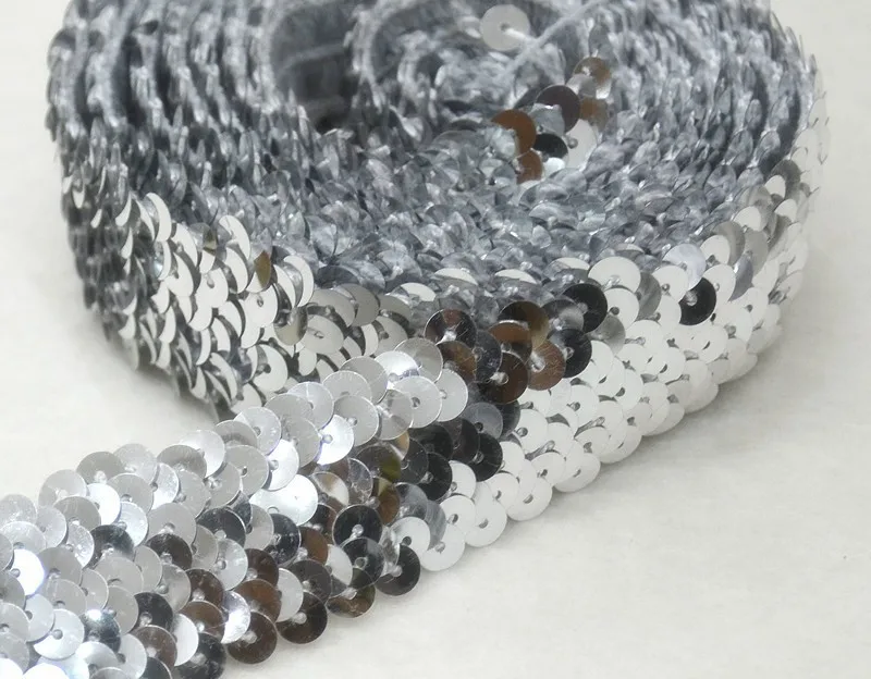 5Y Silver 4 Row Elastic Sequin Trim Braided Trim Bead Trims Decorated