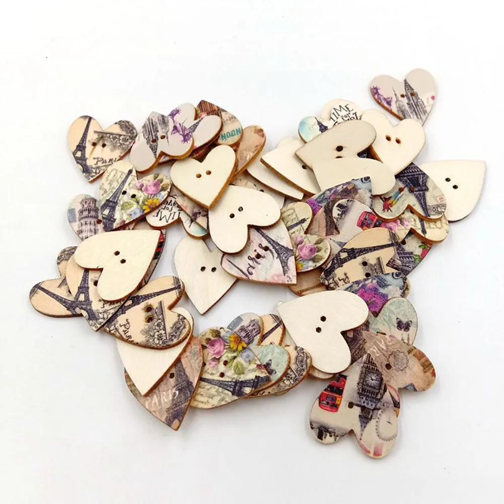 

100Pcs Vintage Heart Shape Tower Wooden Button 2 Holes Handmade Clothes Decor Buttons Wooden Button DIY Decoration Sewing Craft