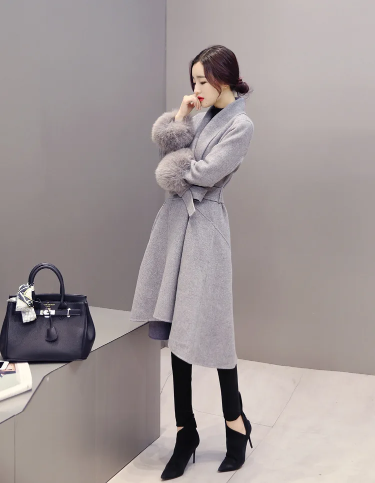 Новая мода, одежда для зимы, тонкое пальто из искусственного лисьего меха, Женское шерстяное пальто, теплое Женское пальто