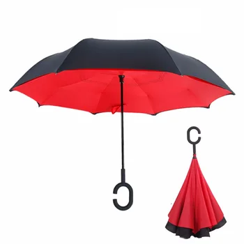 

Solid Color Inverted Reverse Folding Umbrella For Double Layer UV Proof Windproof Rain Protection C-Hook Hands For Women Men