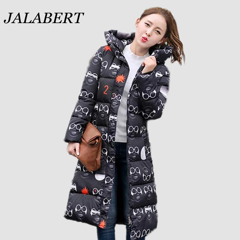 ФОТО 2016 women winter new cotton hooded down padded knee jacket female fashion Glasses star printed longer section Thicken coat