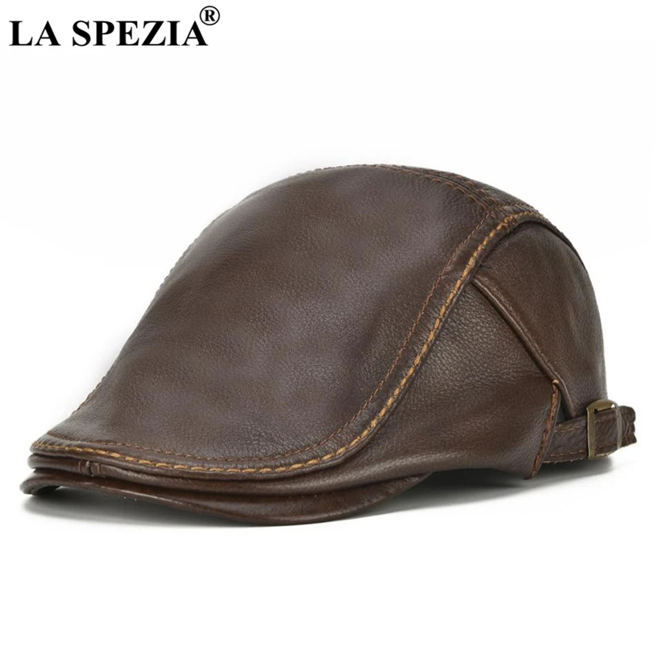 LA SPEZIA Autumn Winter Flat Caps For Men Brown Adjustable Duckbill Hats Male Real Cowhide Leather Classic High-End Driving Caps mens leather beret
