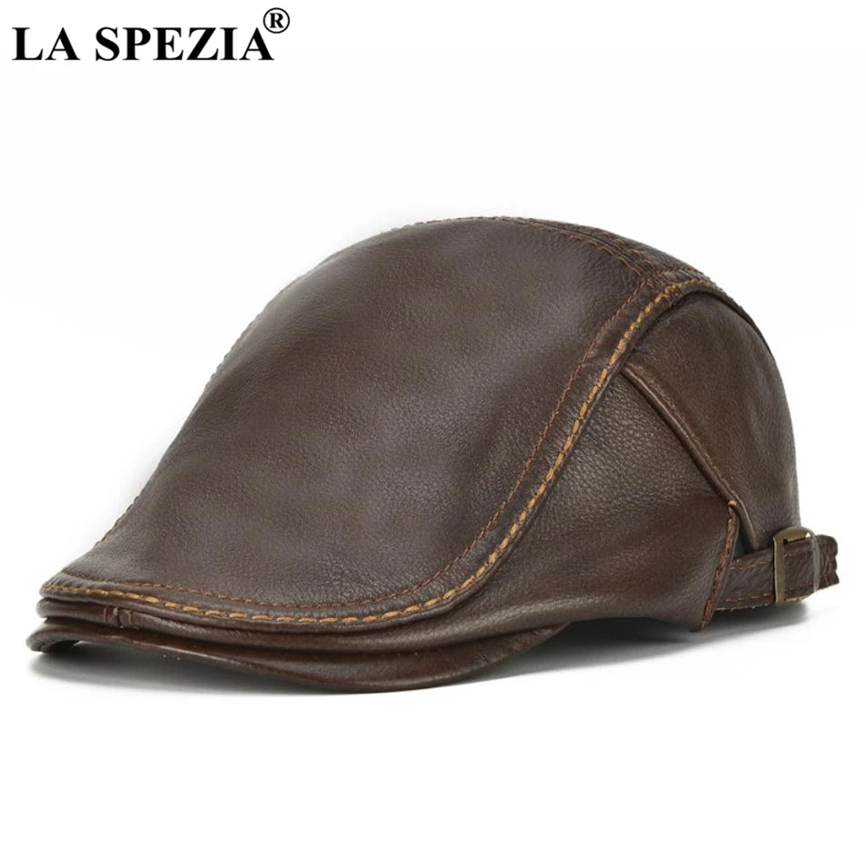  LA SPEZIA Autumn Winter Flat Caps For Men Brown Adjustable Duckbill Hats Male Real Cowhide Leather 