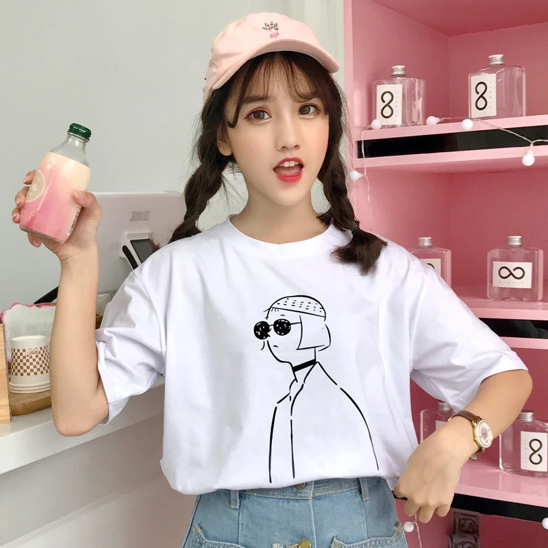 

YouGeMan Woman Shirt Top Spring Summer Cothes Korean Ulzzang Harajuku Cartoon Print Kawaii Short Sleeve T-shirt Women T-shirts