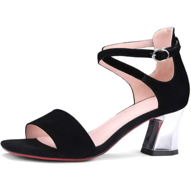 2017 summer fashion genuine sheepskin leather thick high heels cover heel sandals women shoes pumps (15)