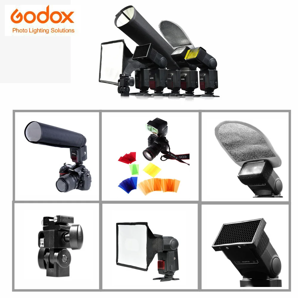 

Godox SA-K6 6 in 1 Photography Speedlite Accessories Kit Softbox for Flash Color Filter Light Reflector Diffuser Honeycomb Grid