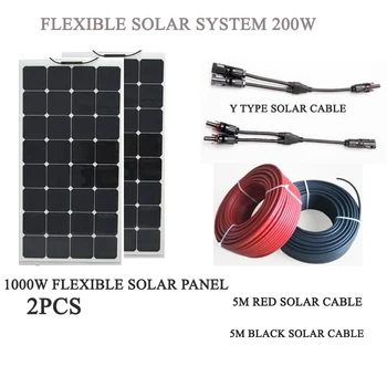 

200W solar system Complete Kit; 2pcs 100W flexible solar panel; 1 Pair Y Type Connector; 5M red and 5M black solar cable