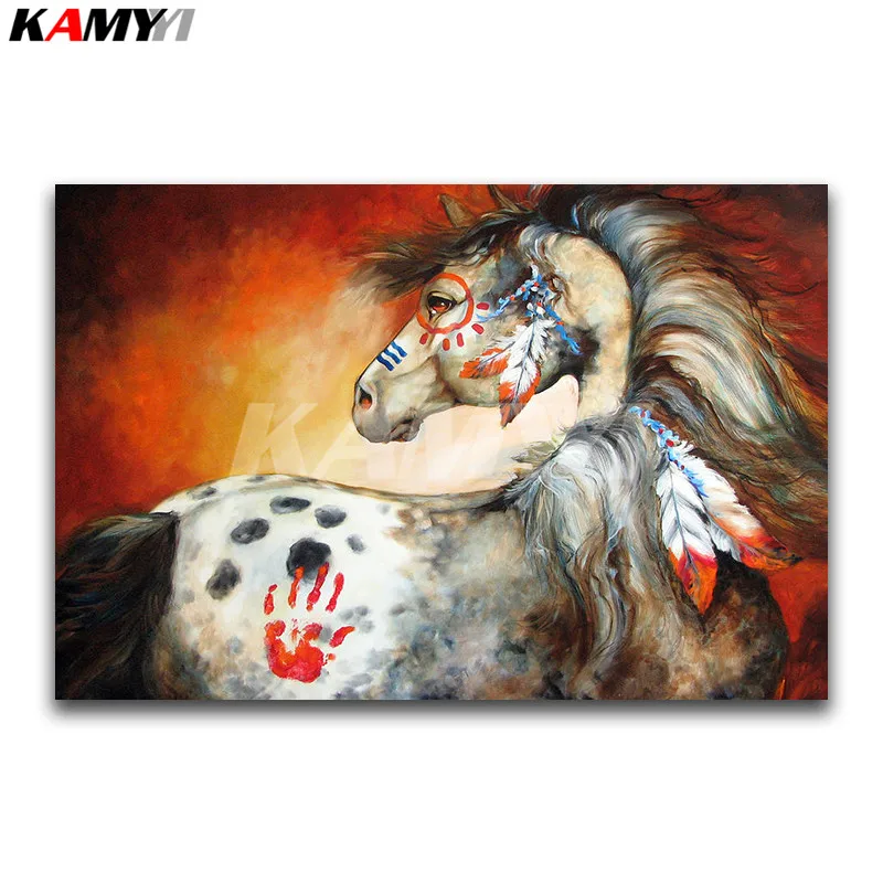Full Square Diamond embroidery Cross stitch Feathers Full Round Diamond mosaic Indian War Pony  DIY Diamond painting horse_