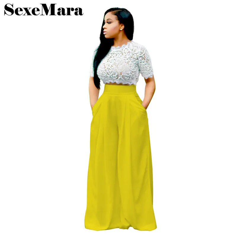 

2019 Summer Women Two Piece Set Fashion Outfits White Lace Short Sleeve Crop Top and Loose Wide Leg Pants Suit D48-AE64