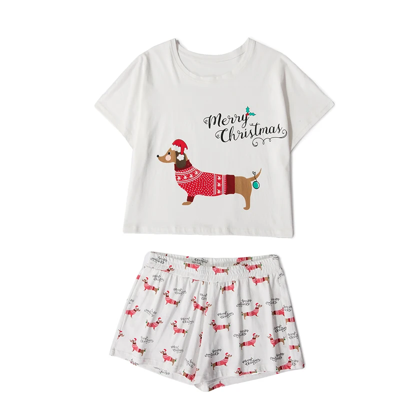 Women Pajama Sets Christmas Dachshund Dog Print 2 Pieces Set Crop Top