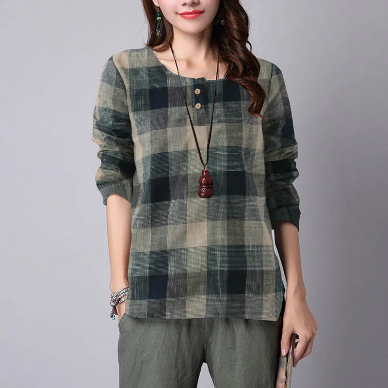 Acheter ZANZEA 2018 Printemps été Femmes Chemisier Décontracté Boutons Chemise Col Rond Grande Plaid Femme Blusas Grande Taille Femme Vêtements tops