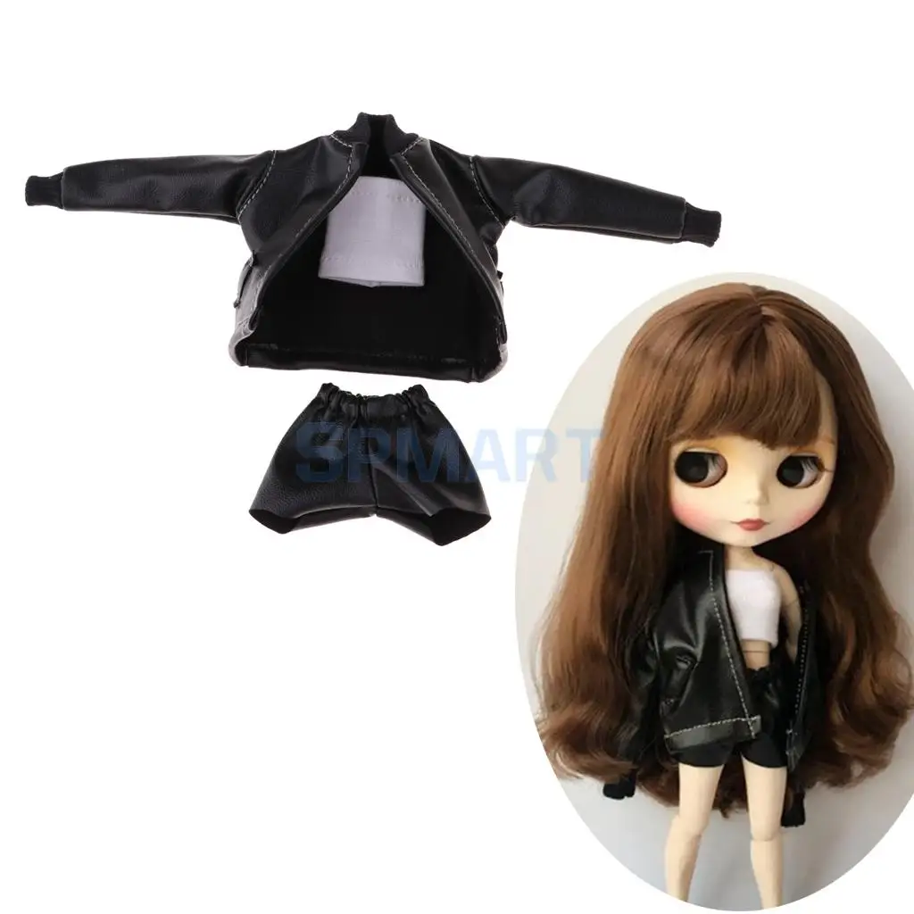 12inch Dolls Clothes PU Leather Jacket Shorts Pants Vest Outfit for Blythe Licca Pullip Azone Party Dress Up