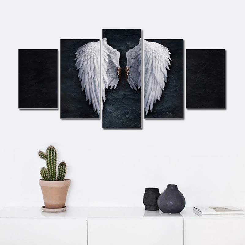 

Printed Painting 5 Panels Black Wing Canvas Prints Modular Picture Wall Art Poster Printing for Living Room Decoration No Framed