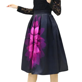 

Printed Skirt New Spring Women Skirts Floral Pleated Autumn Retro Red Lotus Flower Womens Temperament Ball Gown Skirt