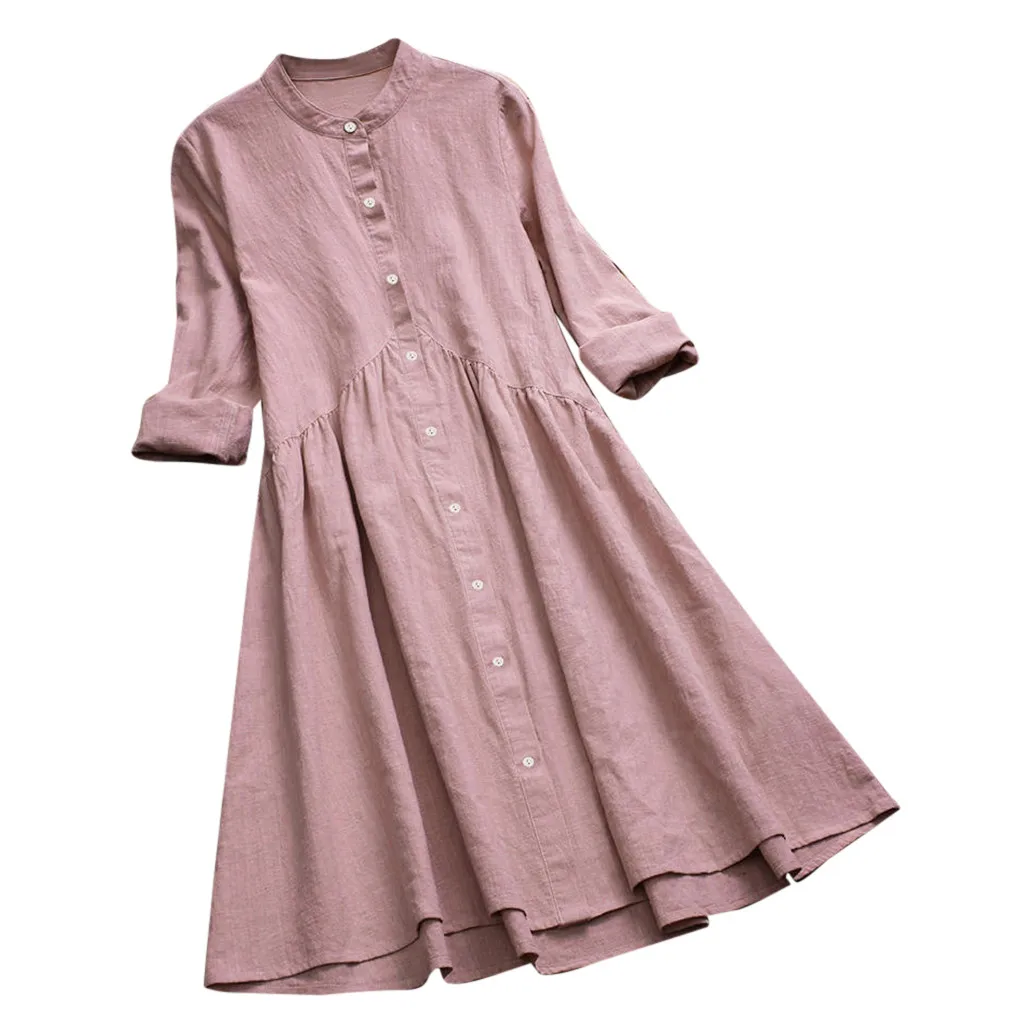 Женское Ретро повседневное короткое платье с круглым вырезом, большой размер, короткий рукав, на пуговицах, студенческое модное облегающее платье с длинным рукавом# G4
