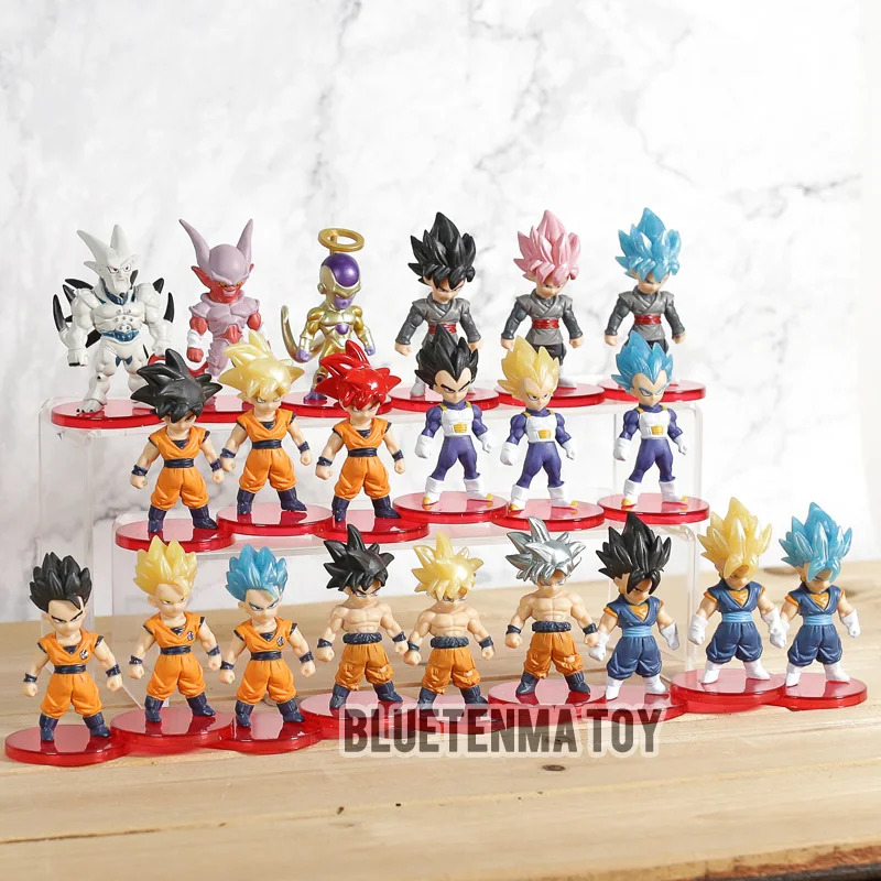

21pcs/set 7cm Dragon Ball Z Super Saiyan Son Goku black blue hair vegetto vegeta freeza Migatte no Gokui PVC action Figure toy