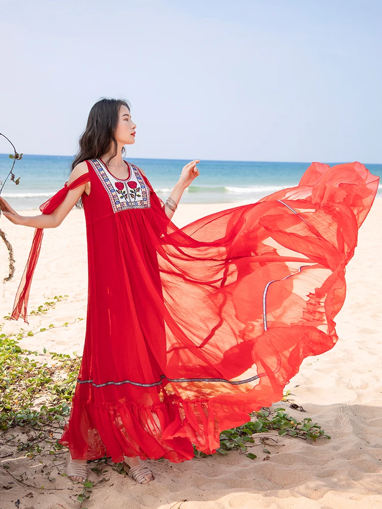 Gratis Verzending Boshow 2019 Nieuwe Zomer Mode Losse Lange Maxi Mouwloze S-L Rode Ruches Chiffon Bandage Jurk Vrouwen Borduren Gratis Verzending Boshow 2019 Nieuwe Zomer Mode Losse Lange Maxi Mouwloze S-L Rode Ruches Chiffon Bandage Jurk Vrouwen Borduren
