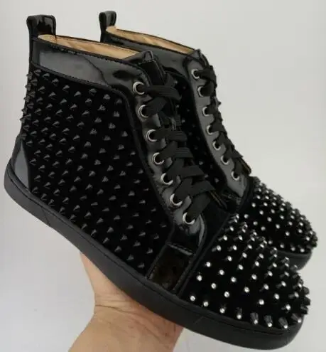 

Casual Black Men's Sneakers High Top Flock Leather Rivets Round Toe Flats Shoes Man Lace Up Zapatos Hombre Top Quality black