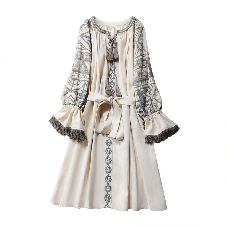TEELYNN хлопковое и льняное платье в стиле бохо, этническое Цветочное платье с вышивкой и бахромой, мини-платье с длинным рукавом, украинское короткое платье для женщин, vestido