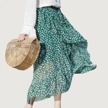 Рюшами с бантом зеленая юбка Высокая Талия шифон Chic Для женщин юбка длинные Повседневное пикантные вечерние дно Бохо пляжные юбки Для женщин s faldas