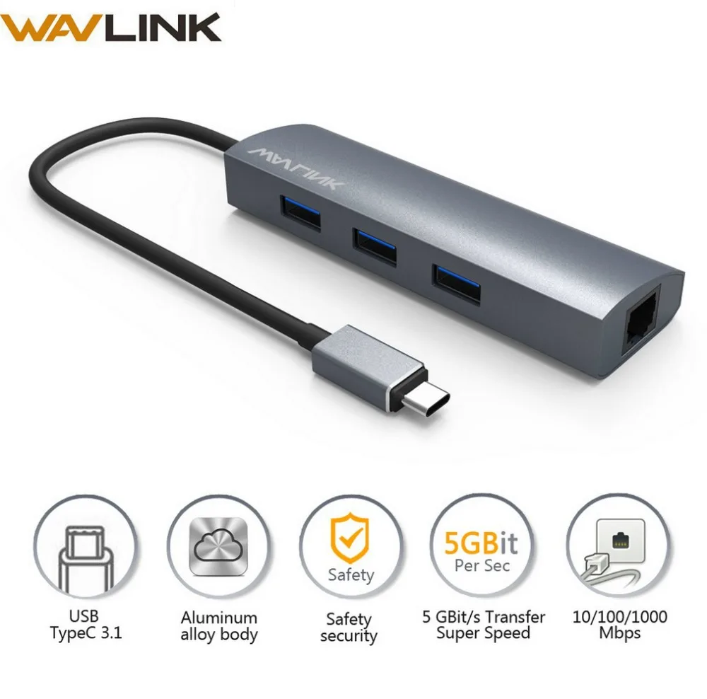 

Original 3 Ports USB-C Hub Gigabit RJ45 Ethernet Network Adapter Wavlink aluminum USB Hub 3.0 Type C Splitter for MacBook Pro PC