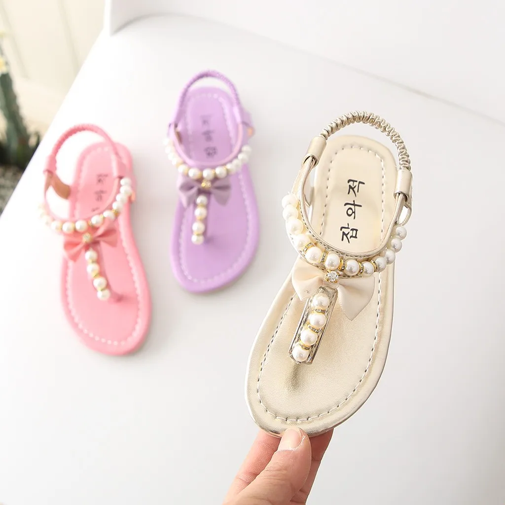 summer kids sandals for girls Bowknot Pearl Princess shoes baby girl sandals Thong kids sandals crystal bebek ayakkabi A1