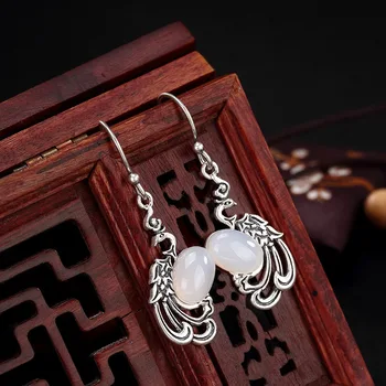 

silver S990 foot silver Phoenix chalcedony garnet corundum pure silver retro high-grade Baitao lady earrings earrings