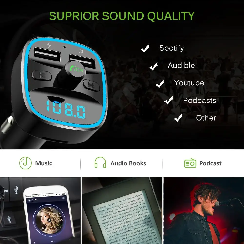 Bakeey bluetooth 5,0 Fm передатчик автомобильный комплект громкой связи беспроводной Авто MP3 плееры Quick Charge 3,0 Dual USB зарядное устройство ing