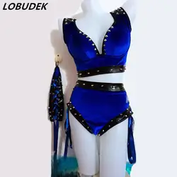 Производительность синий бикини этап комплект с бюстгальтером певица Танцы женский костюм для ночного клуба вечерние производительность