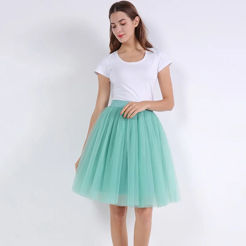 Сетчатое Плиссированное 7 слоев Тюлевая юбка для танцев модная балетная юбка юбки для женщин Женская эластичный пояс Лолита faldas saia - Цвет: light green