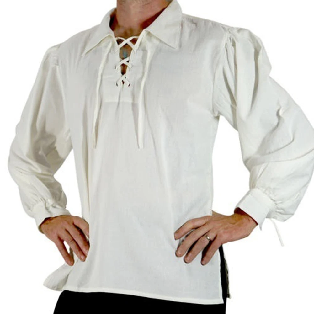 

2019 Men Medieval Steampunk Autumn Solid Color Lace Up Lapel Long Sleeve Shirt Top