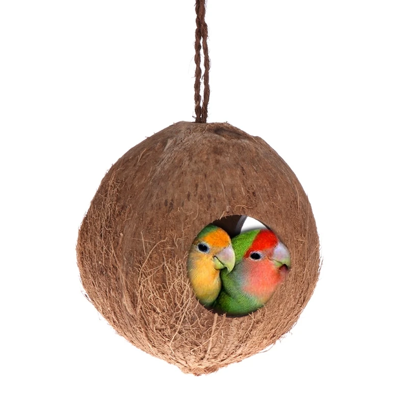 

Natural Coconut Shell Parrot Toy Bird Nest Dispenser Food Feeding Hiding Cave Parrots Hanging House Bird Toy