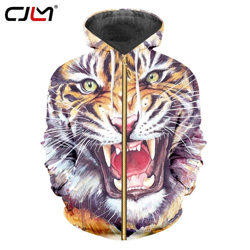 

CJLM 2019 Sublimation 3D Custom Streetwear Animal Tiger Zipper Hoodie Mens Hip Hop Clothing Wholesale