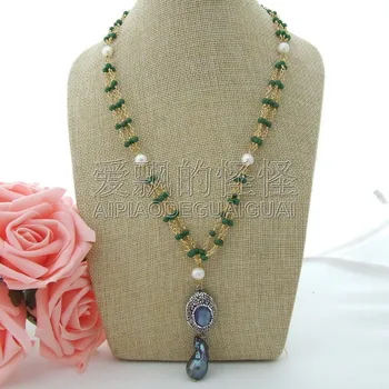 

N082506 21'' Green Crystal Necklace Black Keshi Pearl Kyanite Pendant