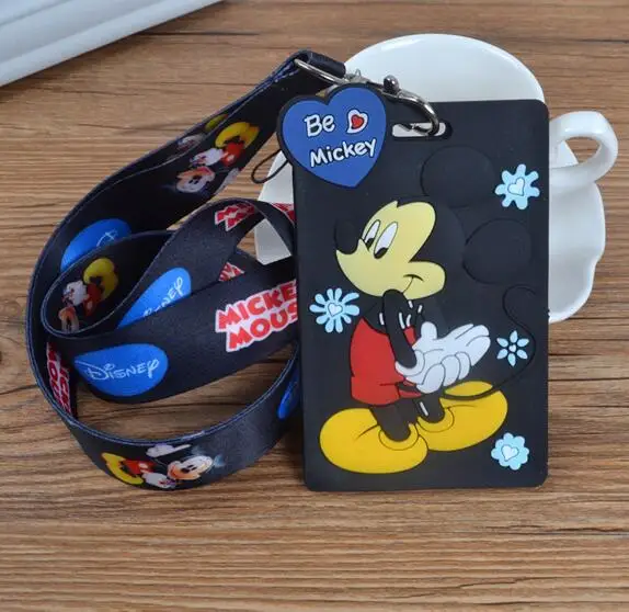 

Retail 1 pcs cartoon black mickey pvc Card Holder Identity Badge with Lanyard Neck Strap Card Bus ID Holders With Key Chain