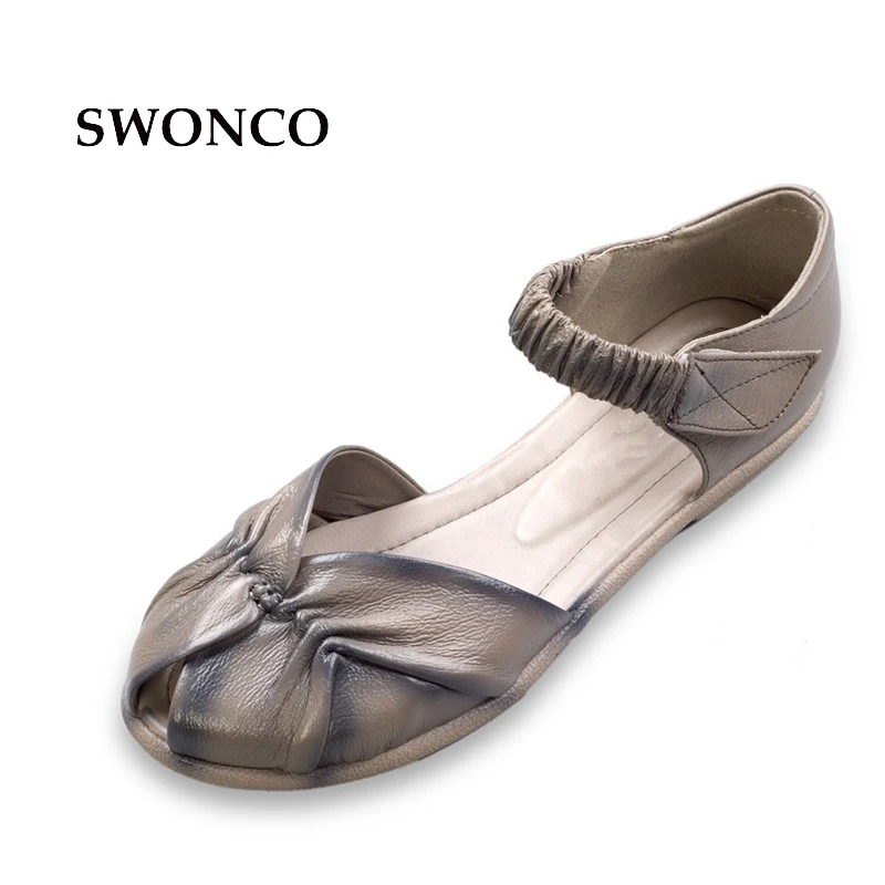 

SWONCO Women's Sandals Summer Fish Head Genuine Leather Ladies Shoes Women Sandals Flat Casual Pleated Shoe Non-slip Woman Shoes