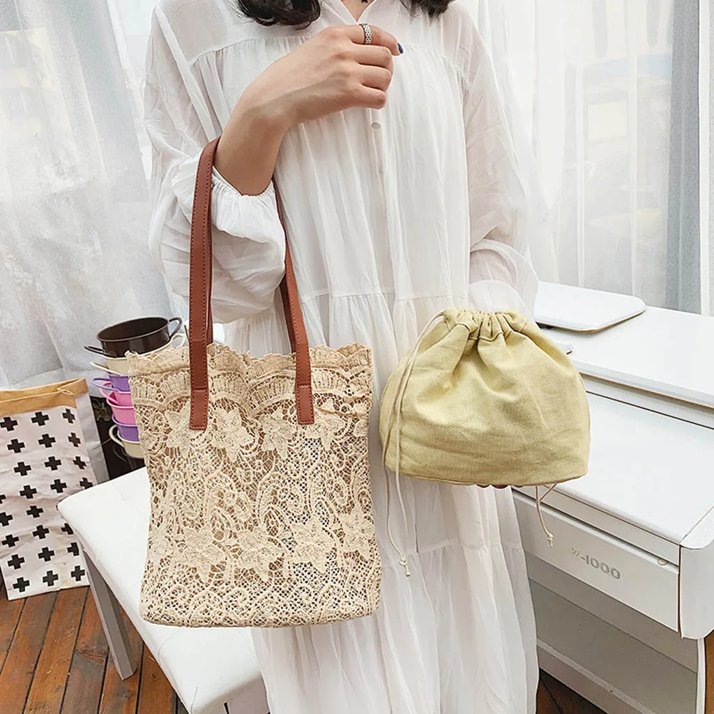 

2019 Lady Literary Lace Hollow Versatile Handbag Shoulder Bag + Clutch Fashion ladies lace openwork handbag Beach Bag
