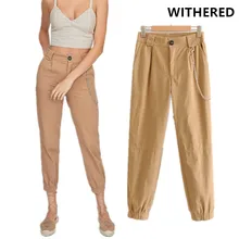 Увядшие брюки карго для женщин с цепочкой high street хаки Твердые pantalones mujer pantalon femme шаровары брюки для женщин