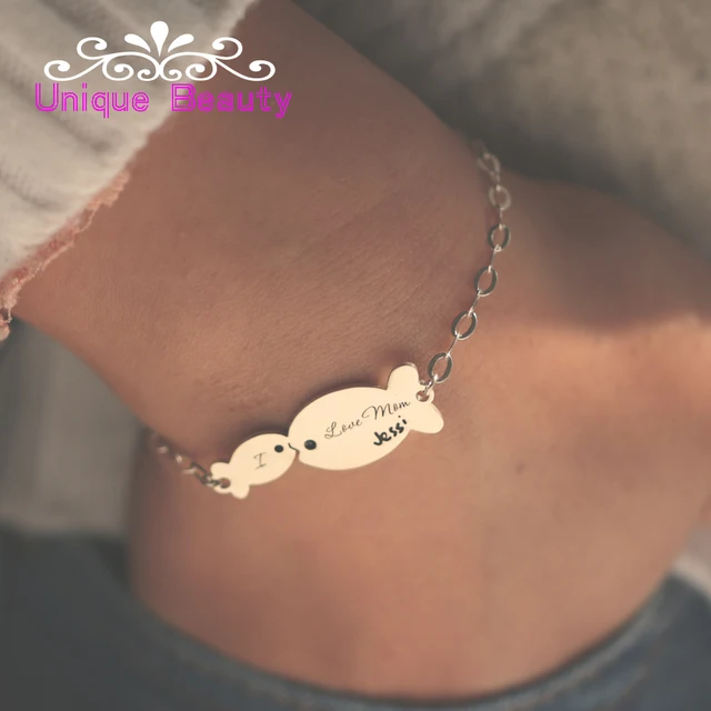 Mom Baby Kiss Fish Bracelet 925 Sterling Silver Personalized Mom Baby Kiss Fish Bracelet 925 Sterling Silver Personalized Engraved Signature Customized Name New Mother