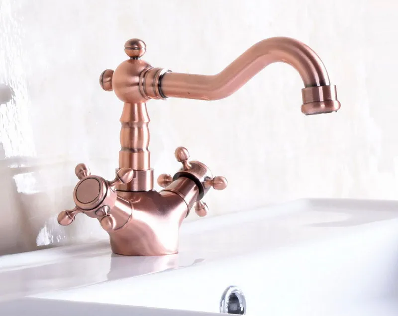 Antique Red Copper Brass Dual Cross Handles Bathroom Kitchen Basin Sink Faucet Mixer Tap Swivel Spout Deck Mounted mnf256