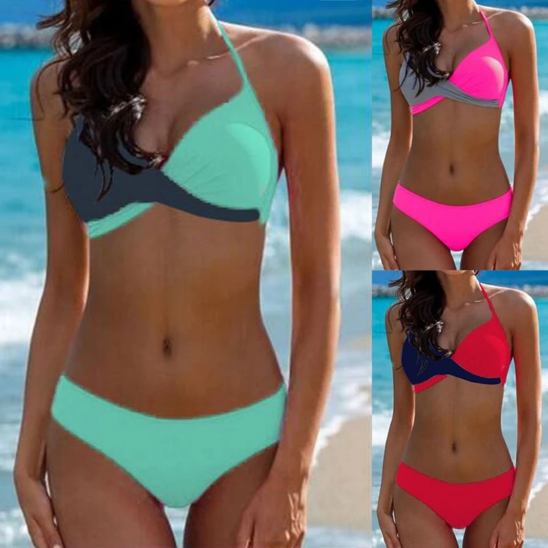 

4 Colors Women Sexy Bikini Color Block Bandage Push-UP Padded Bra Halter Swimsuit Bikini Set New S/M/L/XL