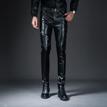New Men's Casual PU Leather Pants Men Fashion Zipper Pant Male Slim Fit Leather Motorcycle Pants Punk Rock Stage Show Clothes