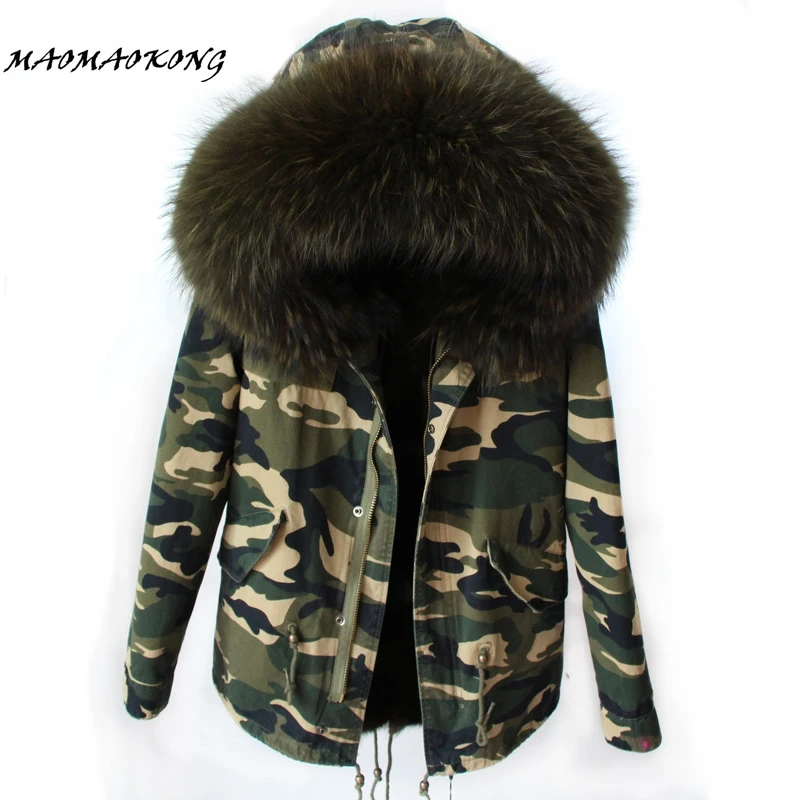

MAOMAOKONG women  camo parkas large raccoon fur collar hooded coat outwear 2 in 1 detachable lining winter jacket brand style