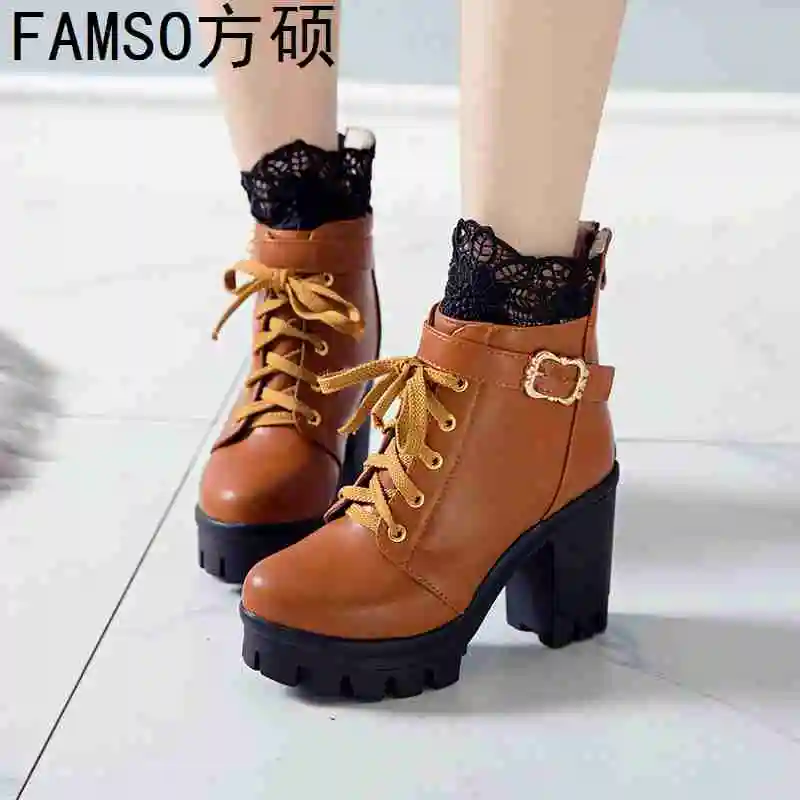 

FAMSO 2019 Shoes Women Boots Round Toe Thick Heels Size 34-43 Flowers Ankle Boots Winter Waterproof Keep Warm Work Sexy Boots
