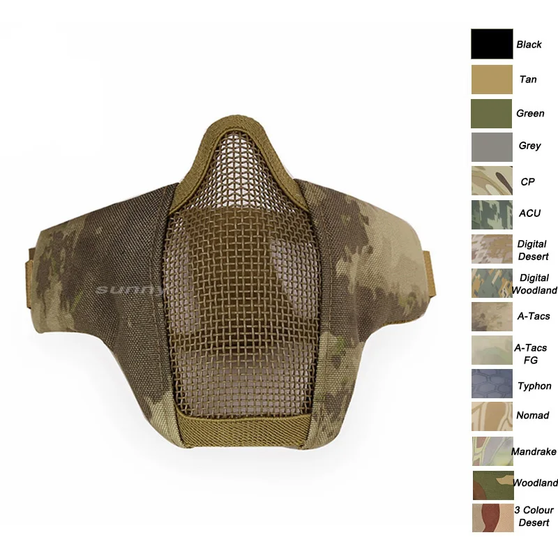 A-Tacs Outdoor Airsoft Shooting Face Protection Gear Double Belt Metal Steel Wire Mesh Half Face Tactical Airsoft Mask - Цвет: A-Tacs