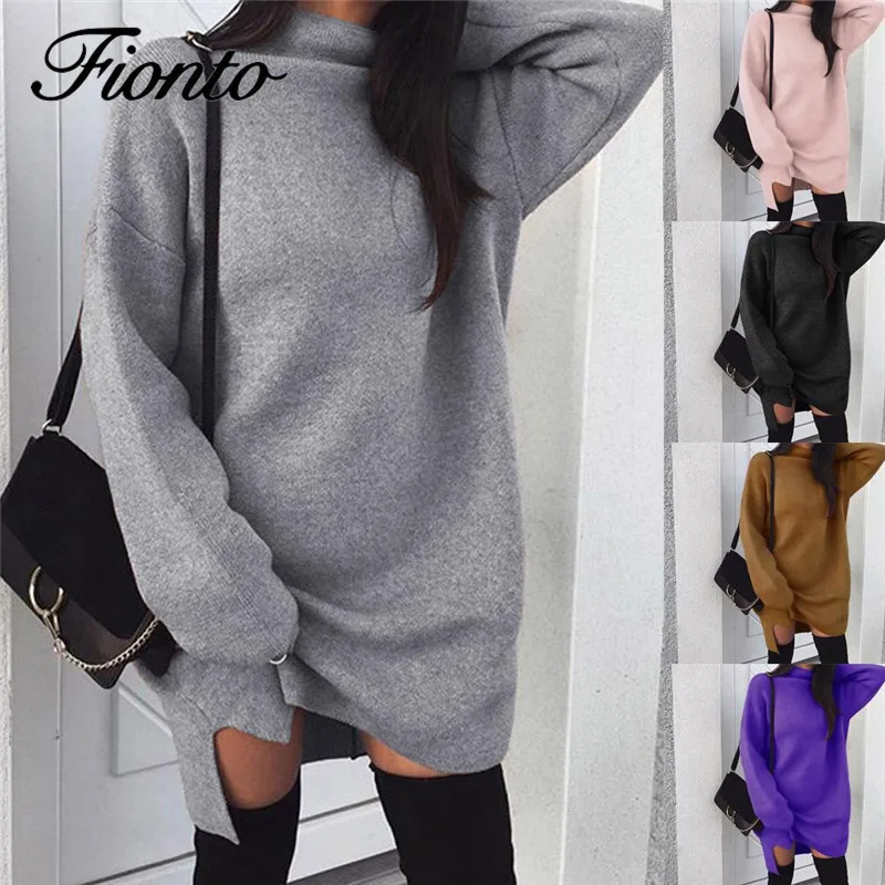 

FIONTO Fashion Autumn Winter Women Sweater Sexy High-neck Long-sleeved Elastic Waist Comfortable Open Sweater Dress jf3258